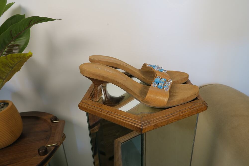 Nine West Tan Faux Suede Block Heel Sandals with Turquoise Stone & Crystal Trim